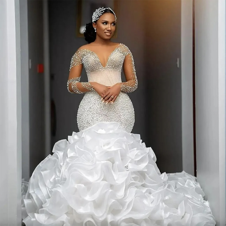 2024 urious Mermaid Dress For Bride Bridal Long Sleeves Rhies Beaded Pearls Crystals Ruffled Wedding Gowns for Black Women Marriage