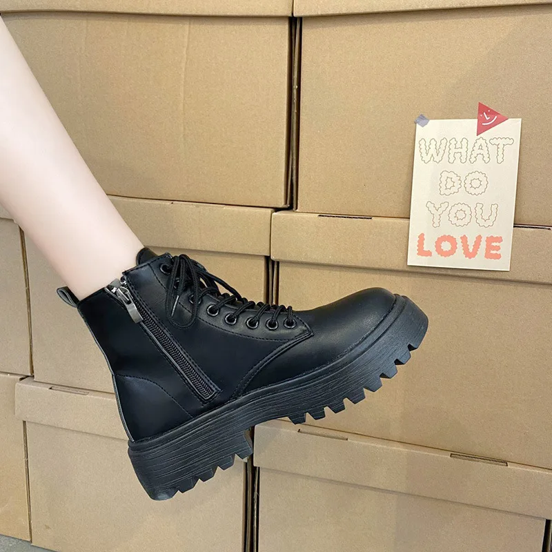 Plus Size 42 43 Women Motorcycle Ankle Boots Wedges Female Lace Up Platforms Black Leather Oxford Shoes Woman 2022 Botas Mujer
