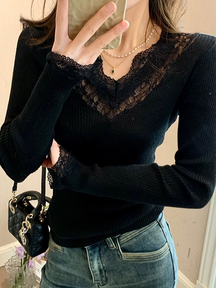 Temperament lace splicing V-neck fine wool knitted base for women's spring and autumn slimming pit pullover sweater F6.28#78