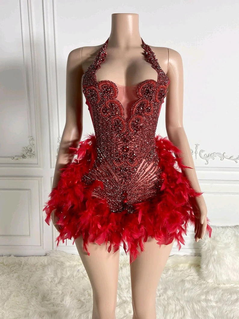 Silver Crystals Feather Short Prom Dresses For Black Girls Luxury See Through African American Cocktail Dresses Birthday Party Homecoming Gowns
