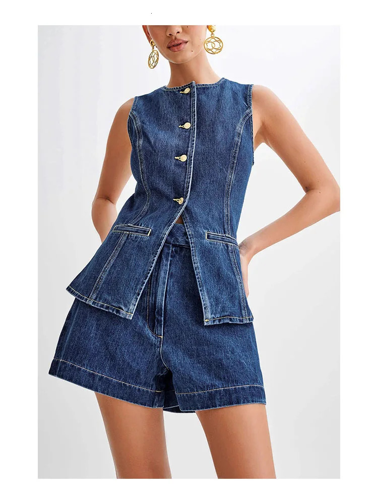 Elegant Blue Denim Shorts Sets for Women Fashion Female Sleeveless Single Breasted Top High Waist Shorts Office Ladies 2 Pcs Set 240618