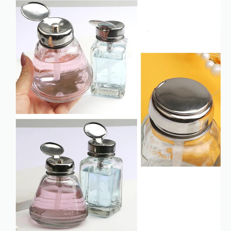 Push Down Glass Empty Pump Dispenser For Nail Polish Alcohol Makeup Remover Clear Refillable Bottle Liquid Cleanser Storage 240628