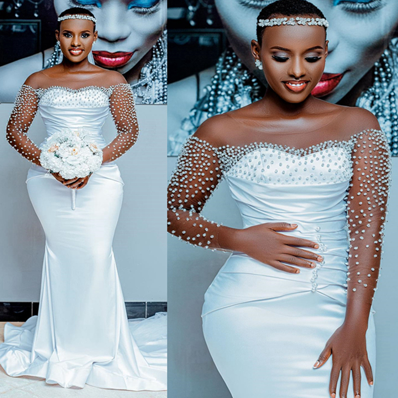 2024 Mermaid Wedding Dress For Bride Bridal Gowns Long Sleeves Sheer Neck Rhinestones Beaded Pearls Crystals Ruffled Wedding Gowns for Black Women Mar