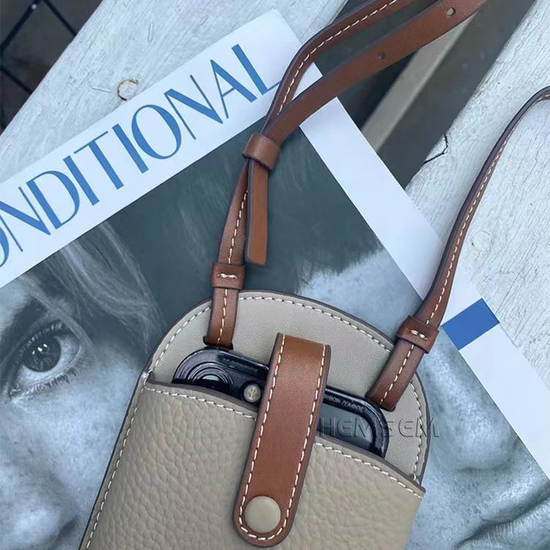 HEMSEM Contrast colors denim leather 2-card slot bag with adjustable shoulder strap 7-inch phone accessories letter handbag 240626