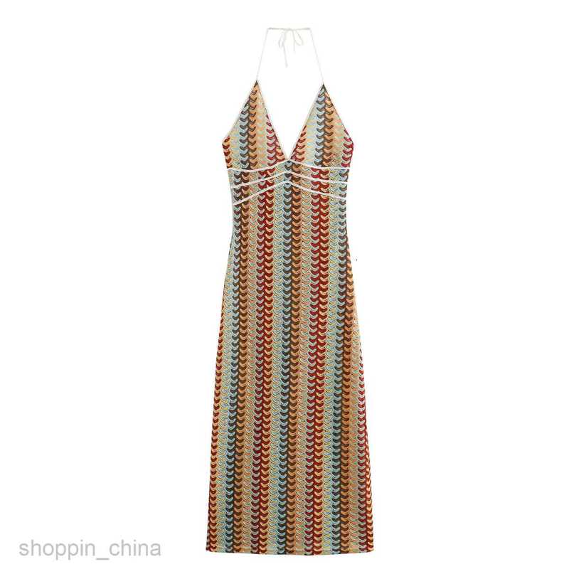 Basic Casual Women Dresses Summer Women's Fashion Sexy Hanging Neck Hook Flower Color Contrast Wrapped Hip Dress B69048