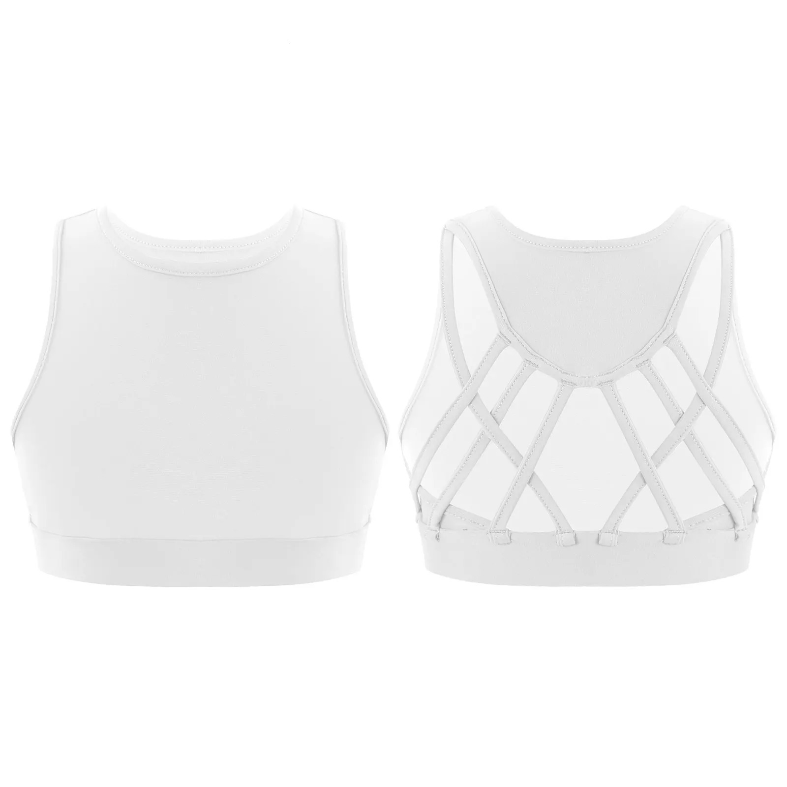 Kids Girls Ballet Tops Sleeveless Straps Crisscross Hollow Back Sport Bra Vest Crop Top For Yoga Dancing Gymnastics Workout 240627