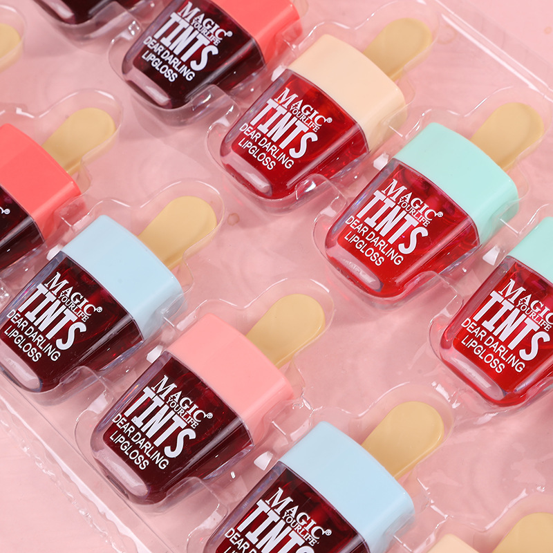 1 Box Cute Lip Gloss Ice Cream Design Liquid Lipsticks Set Waterproof Lip Tint Long Lasting Makeup Red Cosmetic Face Makeup