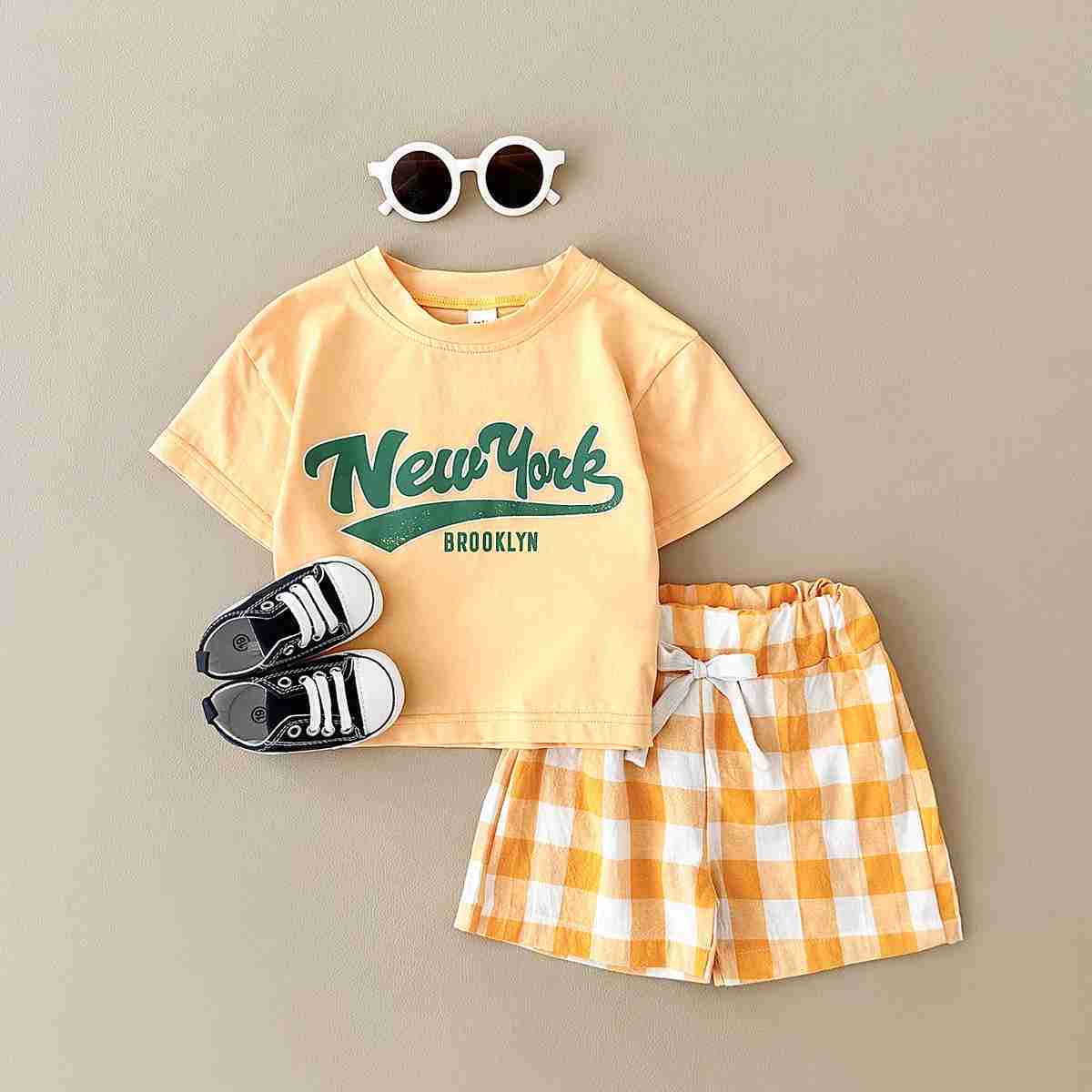 Pajamas 2024 New Baby Boys Clothing 2-piece Infant and Toddler Set New York T-shirt+Checkered Shorts Newborn Baby Girls Clothing 0-3Y WX5.31