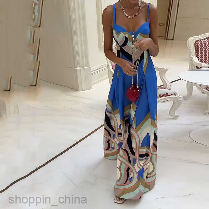 Basic Casual Women Dresses Fashionable women's clothing new sexy camisole loose printed button up jumpsuit