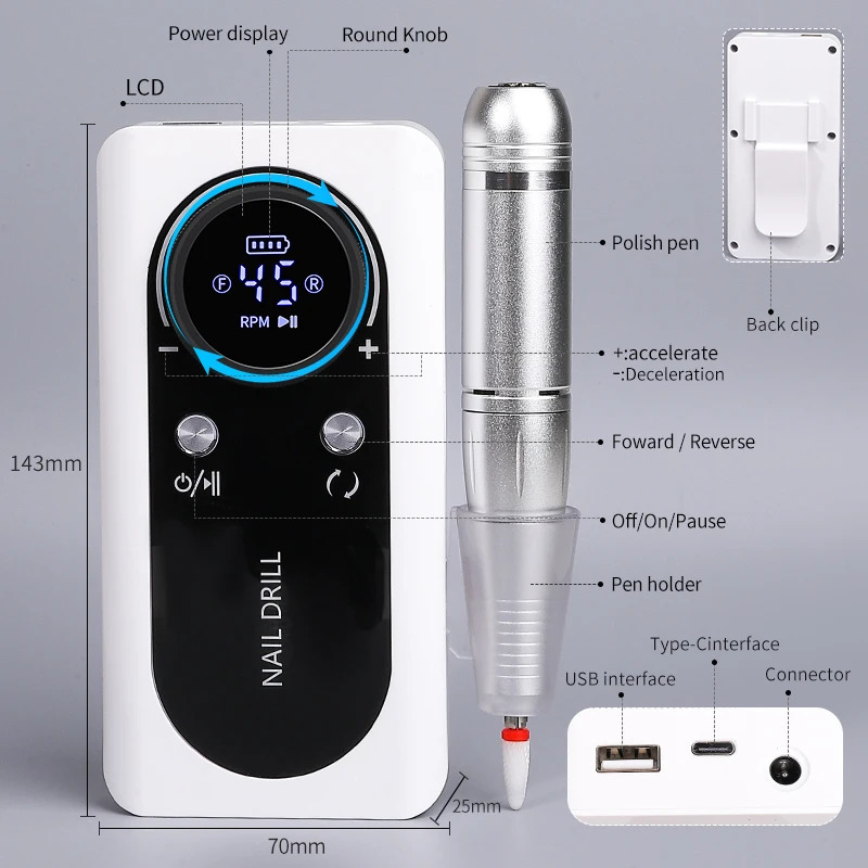 45000rpm Nail Drill Professional Polishing Machine Lathe for Manicure Milling Cutters Electric Sander File Gel Nails Polisher 240627