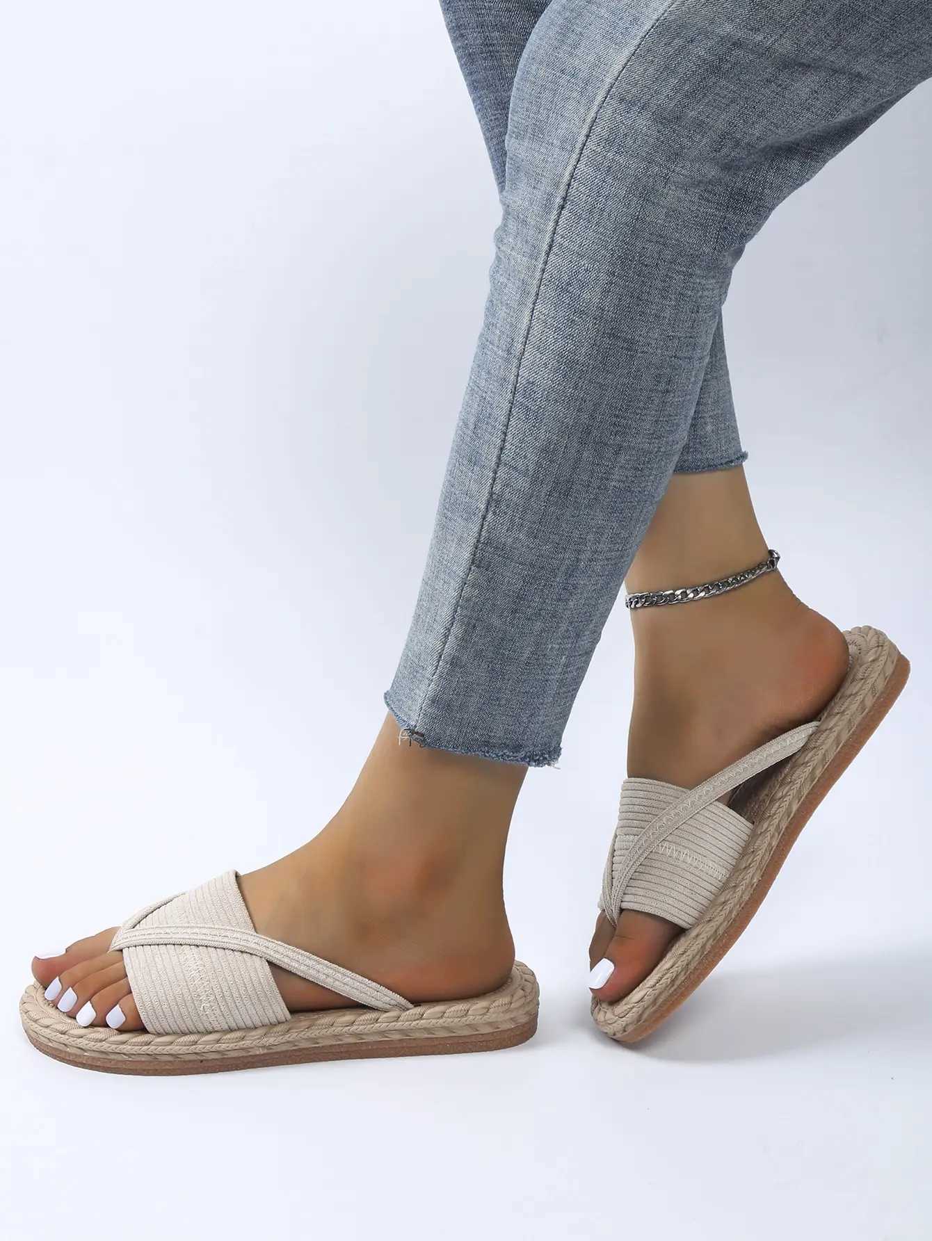 Slippers Vacation Apricot For Women Minimalist Corduroy Toe Post Design Thong Sandals Senior designer summer outdoor casual slippersL464L464