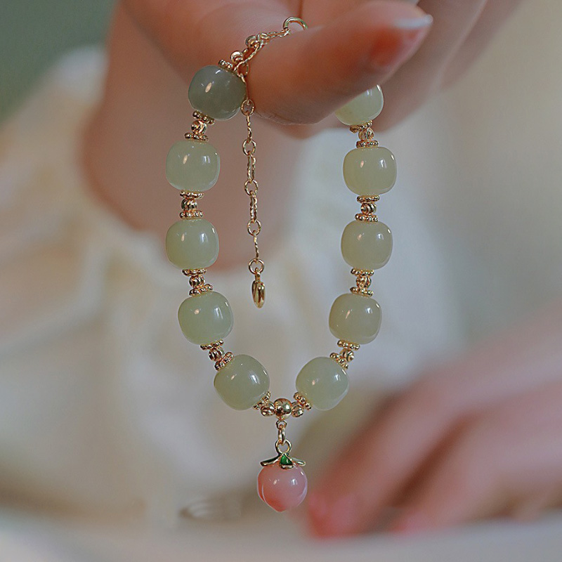 Natural Hotan Jade Bracelet for Women Pink Honey Peach Pendant Beads Bangles Light Luxury Design New in Wedding Jewelry