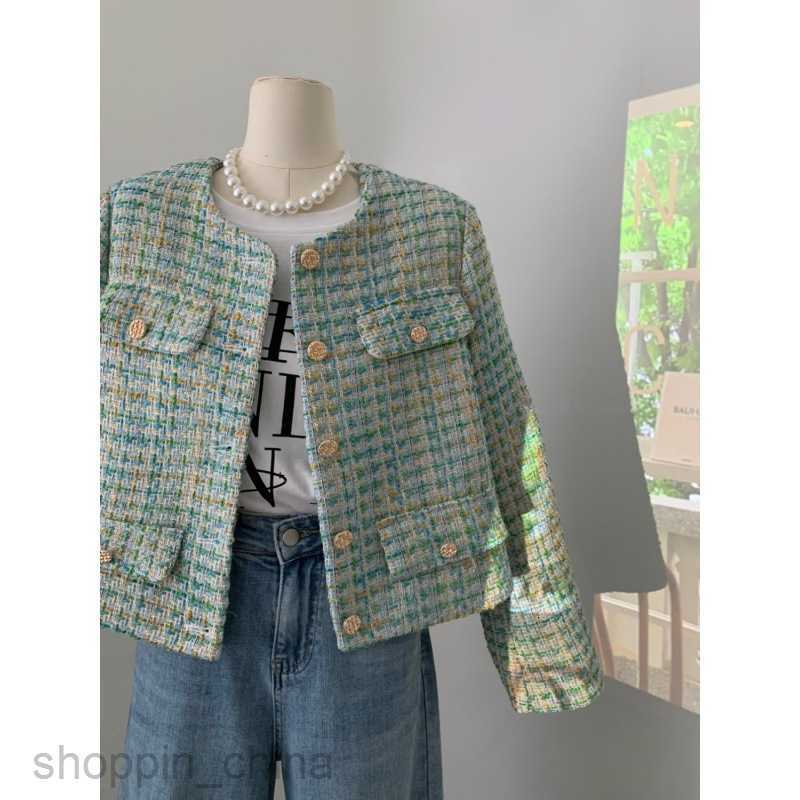 Women Jackets Coats Green checkered small fragrant coat for women's spring and autumn new style elegant lady woven short top