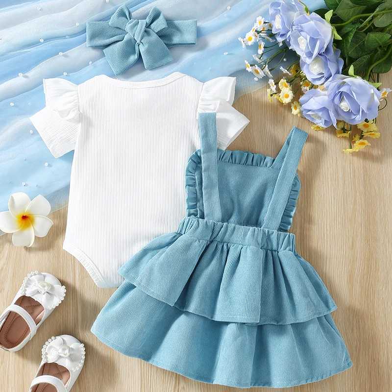 Pajamas Baby girl summer clothing short sleeved jumpers and crochet flower pendants ski headbands 3-piece clothing set WX5.31