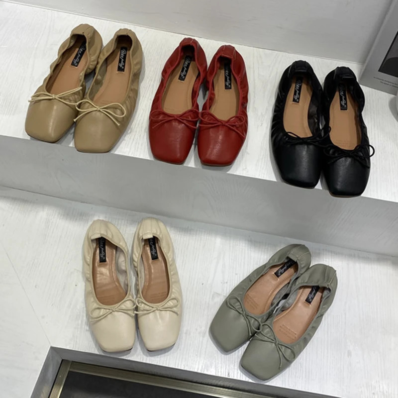 Bow-Knot grandma shoes women ballerina shallow loafers elastic pleated ballet flats woman square toe soft botton moccasins femme 240627