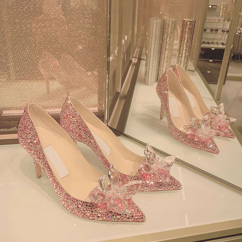 2023 New Princess Crystal Shallow Mouth Rhinestone Straps French High Heels Wedding Dress Bride Shoes Women Party Pumps Kq3