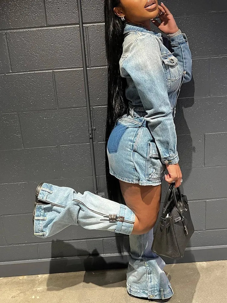 BPN Denim Two Piece Set For Women Lapel Long Sleeve Single Breasted Tops High Waist Spliced Pocket Skirt Slim Sets Female Style 240627