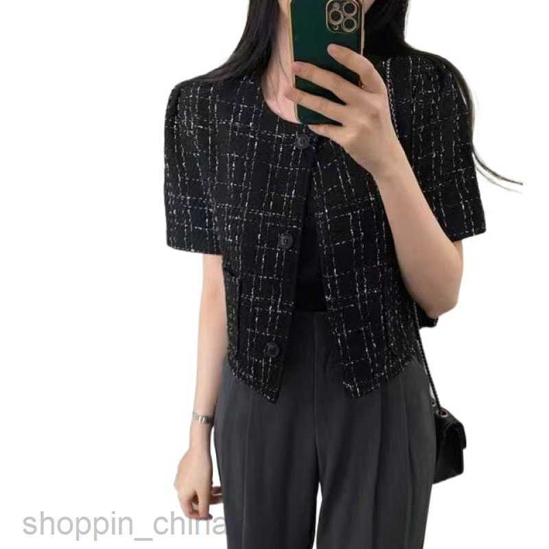 Women Jackets Coats chic small fragrant style round neck single breasted double pocket thick plaid pattern short bubble short sleeved jacket for women