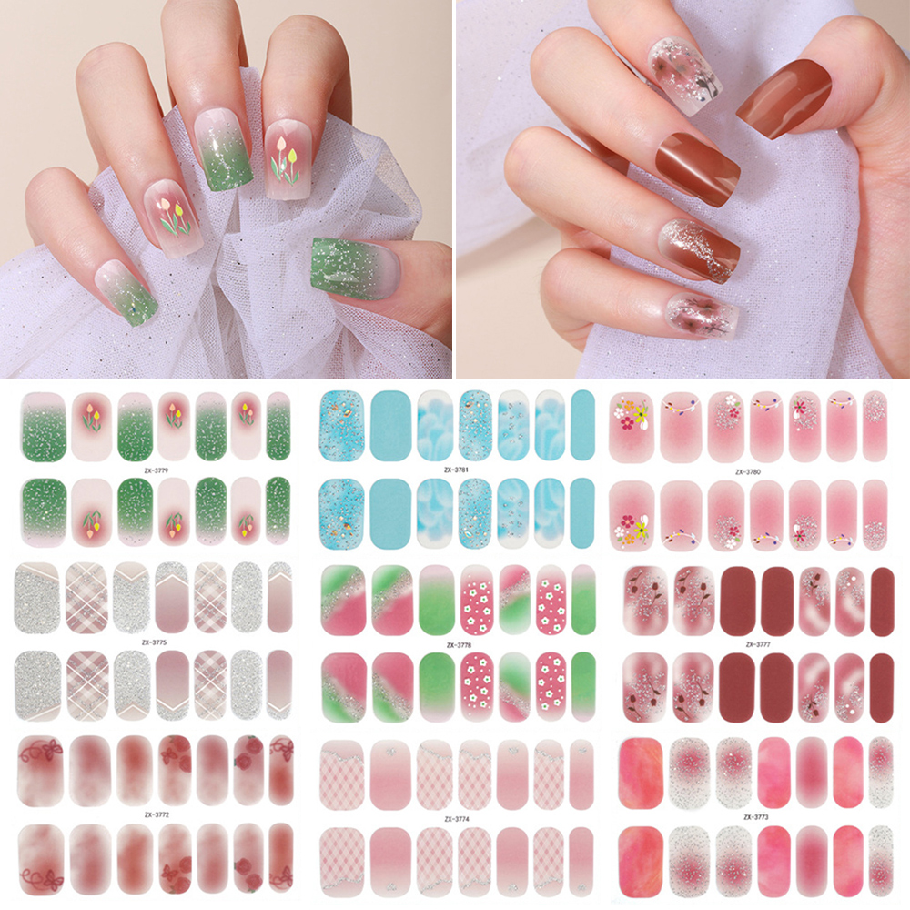 1 Sheet Gel Nail Strips Semi-cured 3D Full Cover Nail Stickers Sweet Fresh DIY Long Lasting DIY Waterproof Nail Wraps UV Lamp
