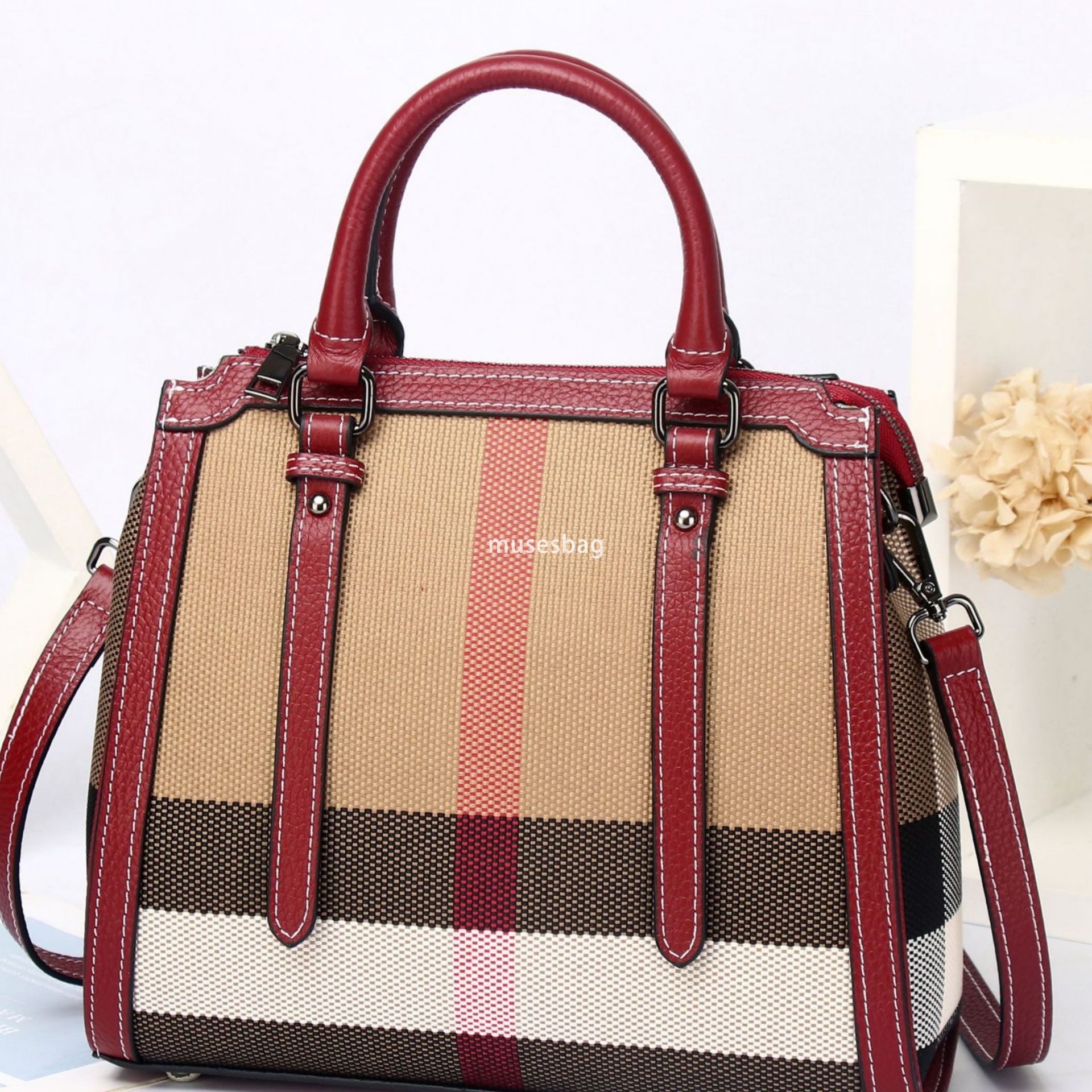 A niche design trend fashionable and casual leather women new high-end plaid canvas tote handbag large capacity crossbody bag 8c6d