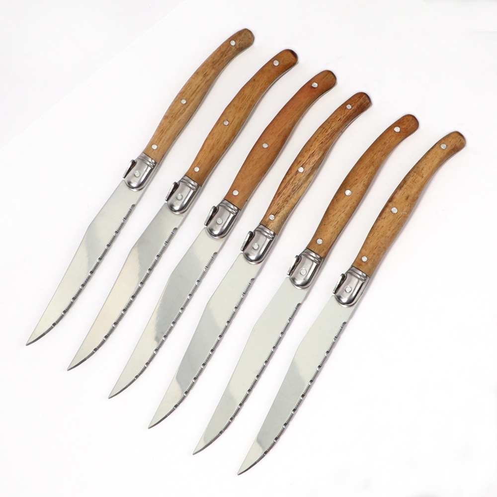 Jaswehome 6-Piece Serrated Steak Knives Set Dinner Knife Cutlery Solid Wood Handle Full Tang Steel Laguiole Table Knife Sharp