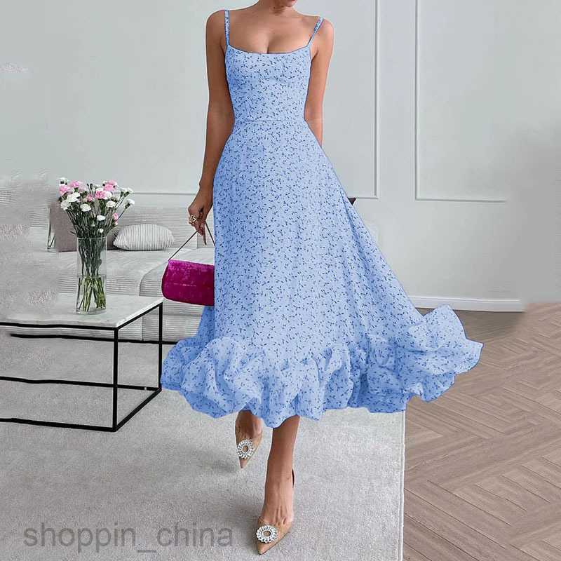 Basic Casual Women Dresses Summer Fashionable New Sling Low Neck Sleeveless Waist Wrap Printed Large Swing Skirt Women's Long Dress