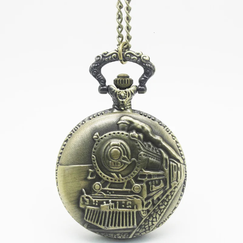100412pcs/lot Bronze Railroad Steam Train Head Quartz Pocket Watch RIB Necklace FOB Chain 240626