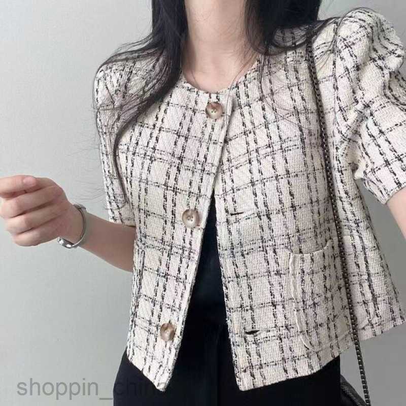 Women Jackets Coats chic small fragrant style round neck single breasted double pocket thick plaid pattern short bubble short sleeved jacket for women