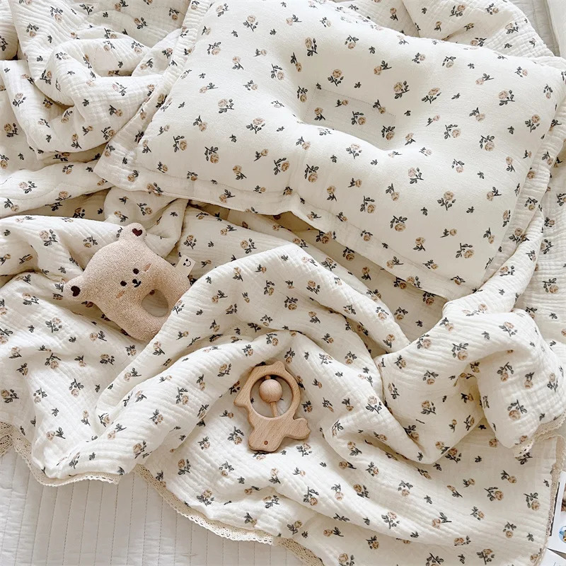 Cotton Muslin Quilted Vintage Toddler Floral Blanket Rose 120x150cm 240627