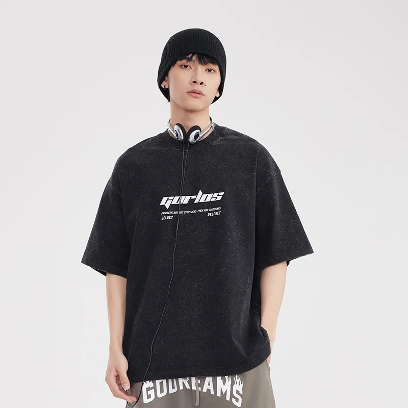 Mens Retro Distressed Letter Printed Shortsleeved Tshirts for Teenagers and Men Trendy Loose Halfsleeved Shirts 240619