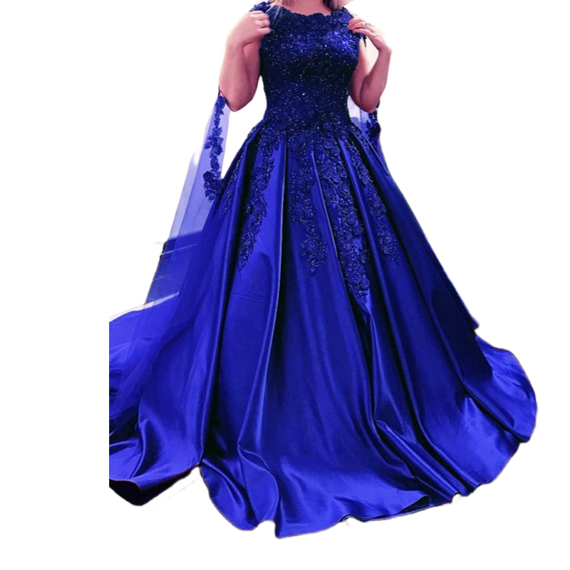 Royal Blue Satin Long Prom Dresses With Wrap 2024 Lace Appliques Beaded Pleats Long Evening Gowns Special Ocasion Dress For women