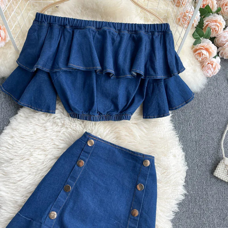 Women Jean Sets Matching Suits Woman Ruffles Buttons Tops Mini Skirt Two Piece Set Slash Neck Flare Sleeve Female Clothing 240627
