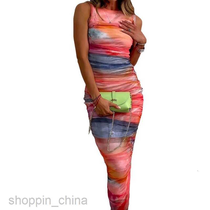Basic Casual Women Dresses Women's Summer New Sexy Tie Dye Printed Pleated Round Neck Dress