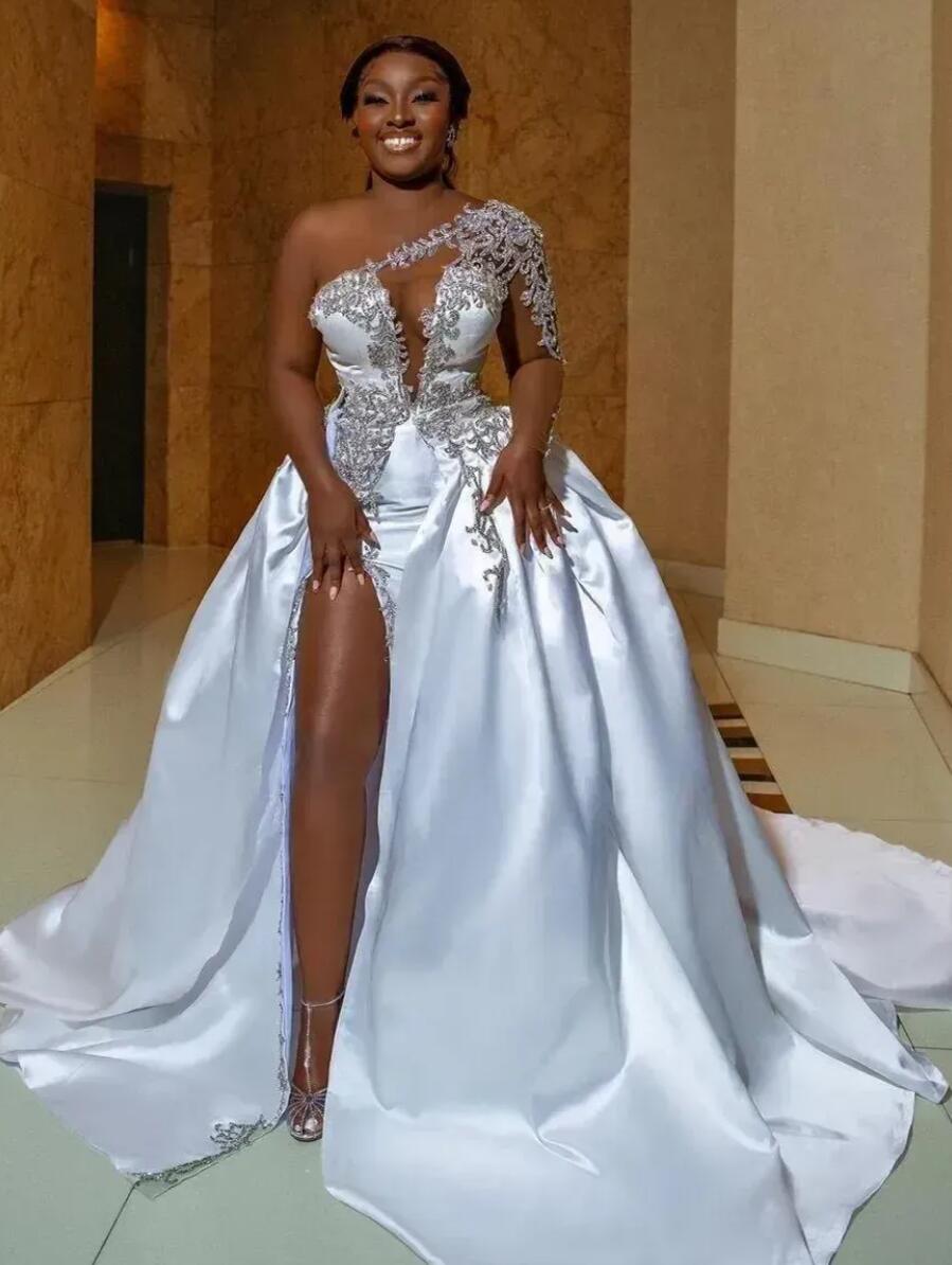 ASO EBI African Sexy High Split Wedding Dresses A Line One Shoulder Beaded Appliques Keyhole Neck Slit Bridal Gowns Plus Size Robes Custom Made BC1487