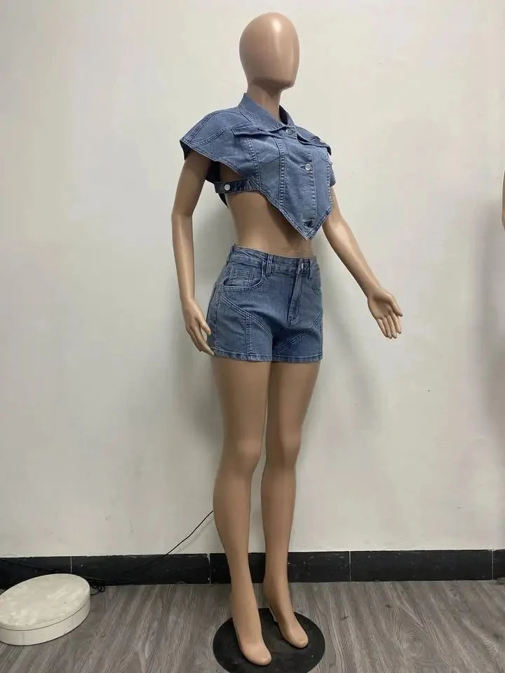 High Street Jeans Short Pants Outfit Set Sexy Women Elegant Two Pieces Denim Club Matching TopShorts 240627