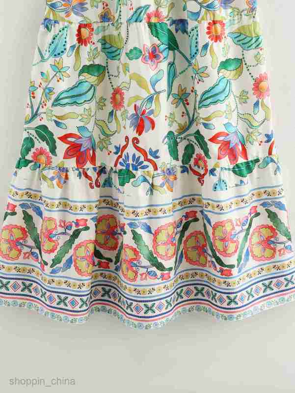 Basic Casual Women Dresses Summer Women's V-neck Chest Tie Lace Print High Waist Dress Women's B69022