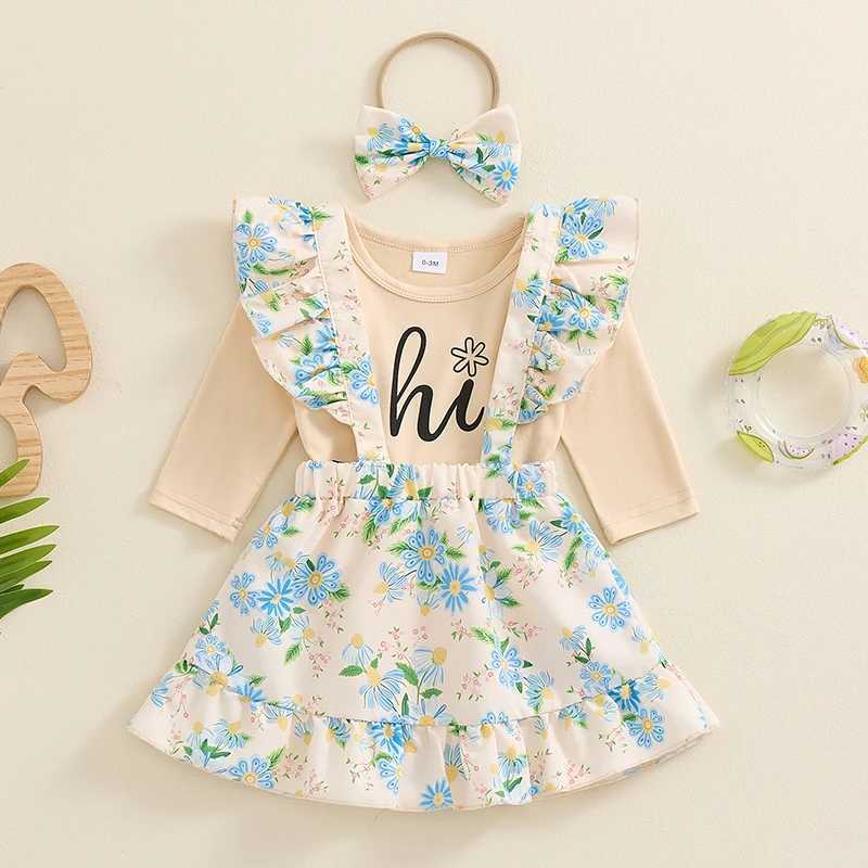 Pajamas 2024-05-30 Lioraitiin Baby Girl Ski Set Long sleeved Alphabet Printed Union Flower Suspension Ski Bow Headband Autumn Set WX5.31