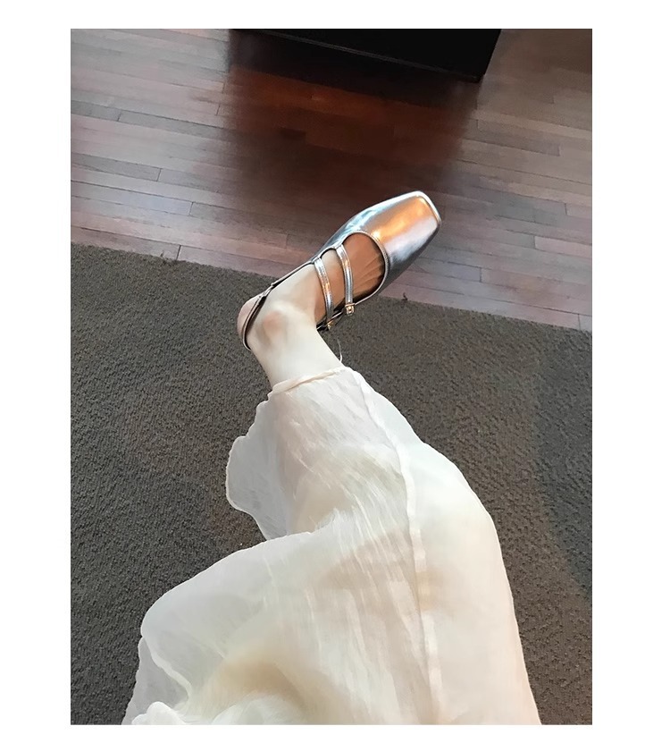 French Low-Heeled Sier Mary Jane Shoes Square Toe Block Heel Sandals Women's Empty Back Sliver