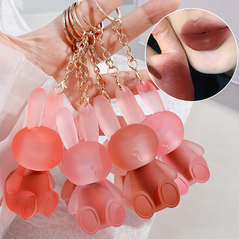 Cute Bear Keychain Nude Liquid Lipstick Velvet Matte Waterproof Lip Gloss Lasting Non-stick Lip Tint Makeup Pigment Cosmetic