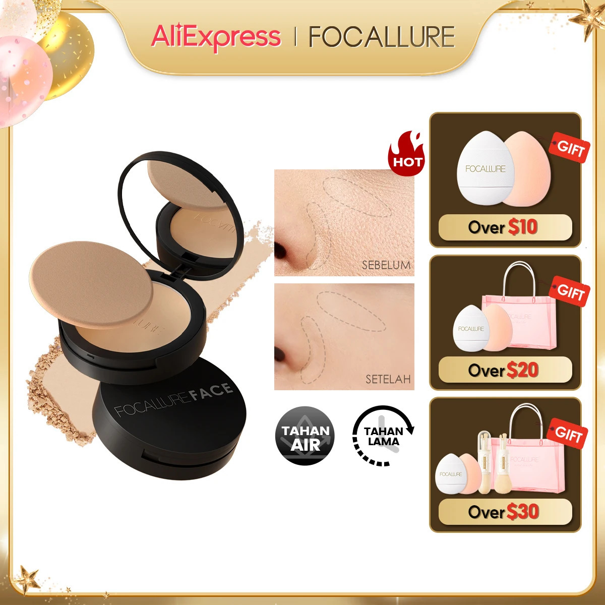 FOCALLURE 9 Colors Pressed Powder Waterproof Long-lasting Full Coverage Face Compact Setting Powder Makeup Foundation Cosmetics 240627