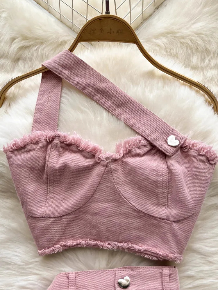 Summer Pink Denim Sexy Women Sets Elegant Zipper Suspenders Tops Sashes Button Pocket Irregular Slash Neck Slim Two Piece Set 240627