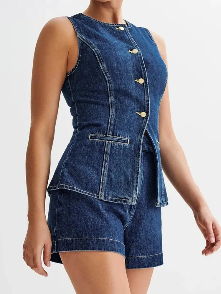 Fashion Denim Shorts Outfits Women Elegant O Neck Sleeveless Singlebreasted Split Top Highwaisted Short Set Lady Street Suit 240618