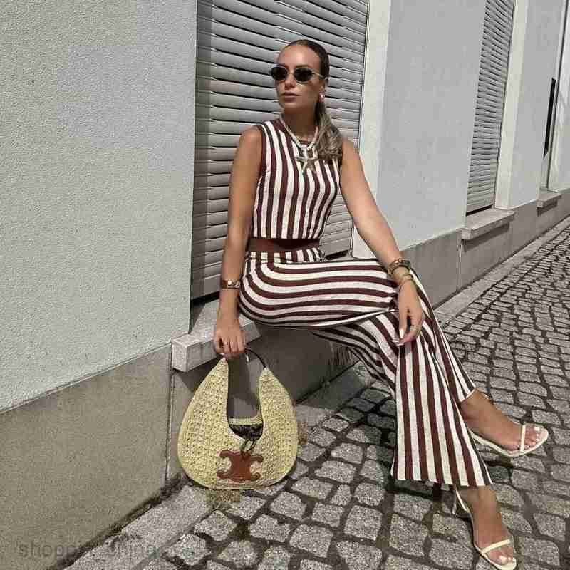 Women's Two Piece Sets Pants Small Fragrance Style Celebrity Knitted Fashion Set Women's Stripe Top Casual Wide Leg Pants Two Piece Set B8