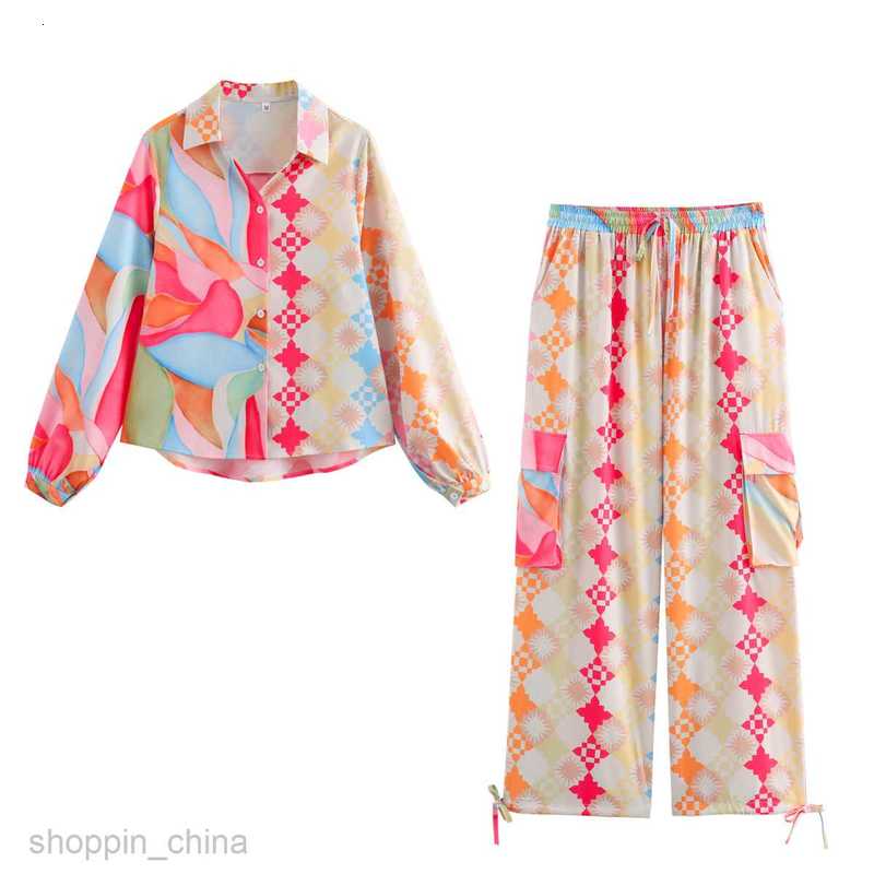 Women Two Piece Sets Pants Summer Women's Polo Collar Print Contrast Loose Long sleeved Shirt and Pants Set