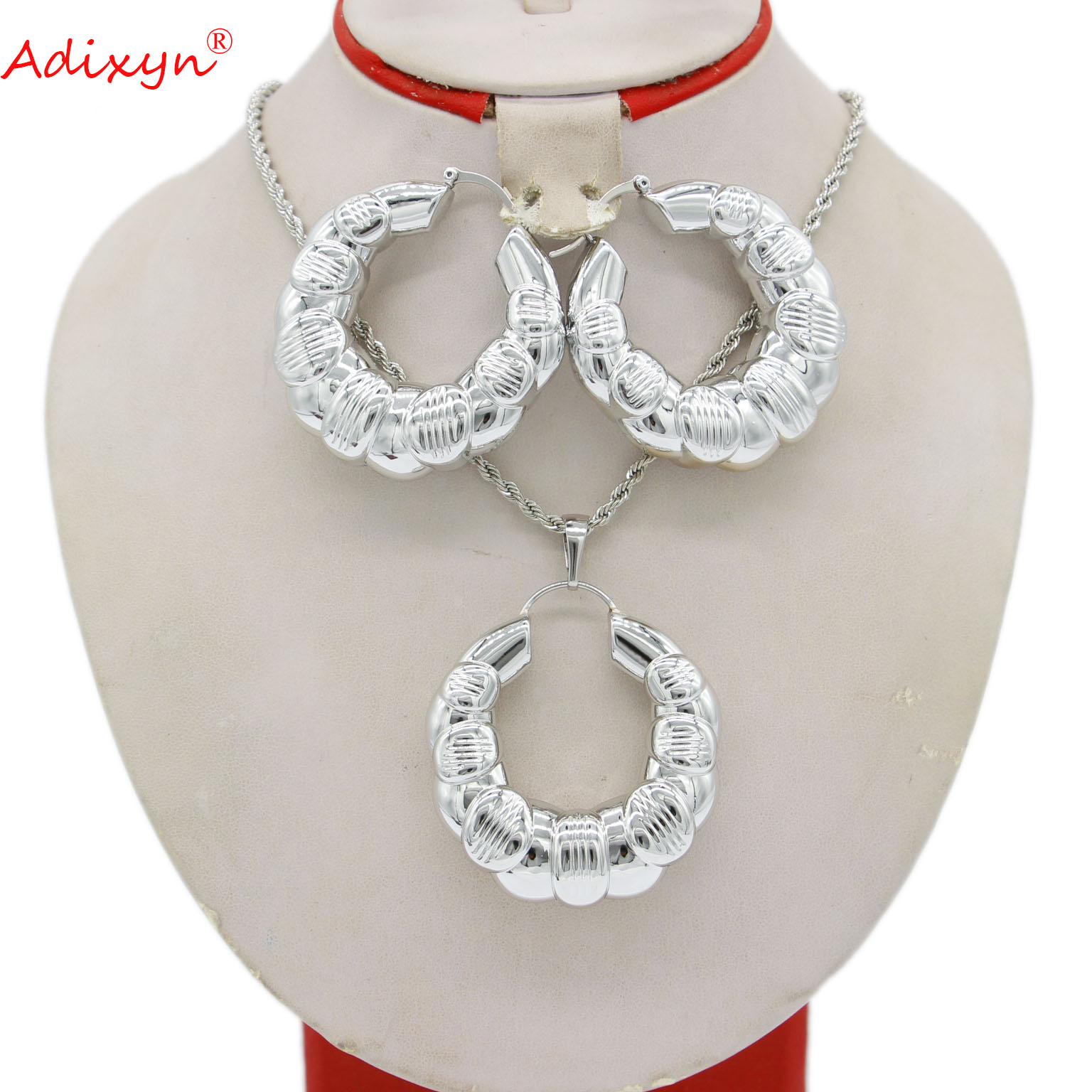 Adixyn Luxury Jewelry Set for Women Pendant Earring Necklace Set Shiny Silver Color Africa Wedding Sets Habesha N080716