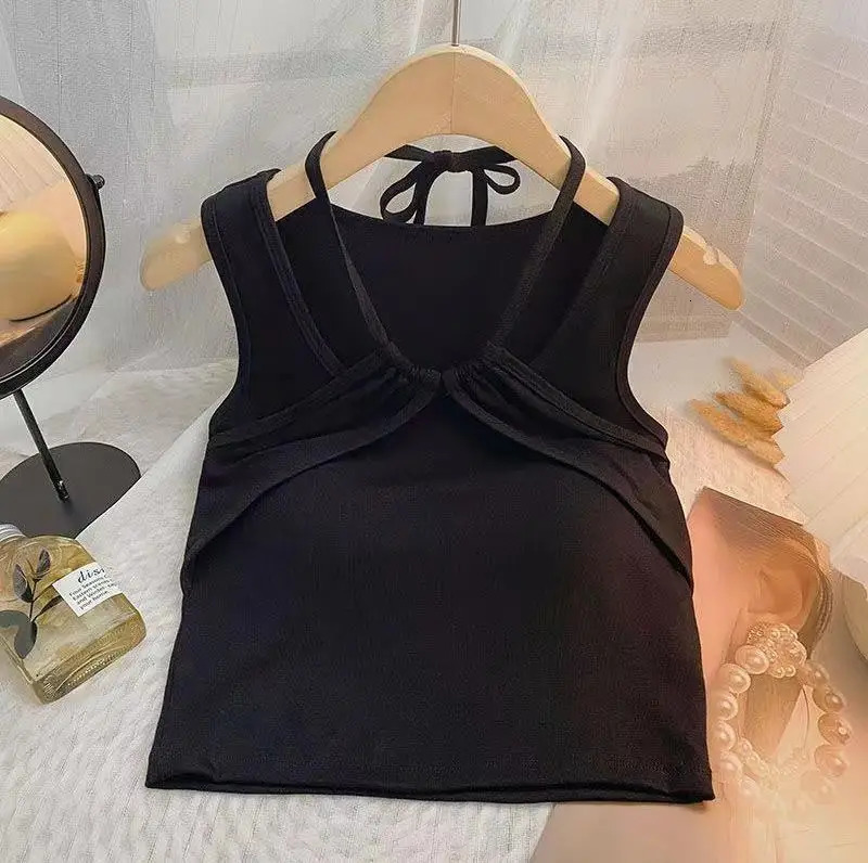 teenage girls halter tank top hanging neck camisole crop top vest kids clothes underwear pleated streetwear 3 to 16 yrs 240627