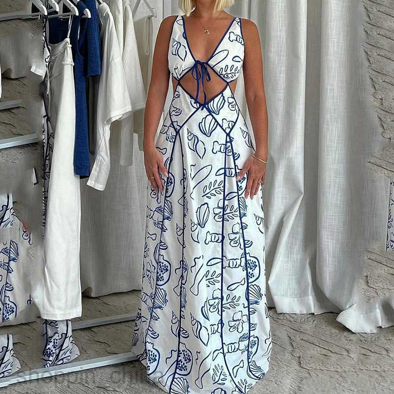 Basic Casual Women Dresses Women's New Summer Leisure Vacation Hollow Print Dress