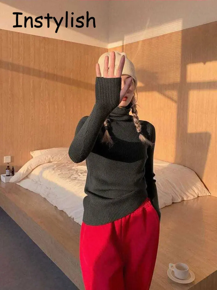 Women Vintage Y2K Turtleneck Sweater Finger Hole Elegant Slim Knitted Pullover Korean Harajuku Jumper Autumn Winter Basic Tops 240627