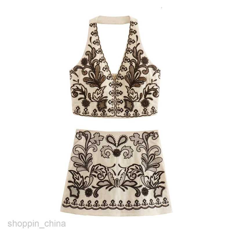 women Two Piece Dress Sets Summer Women's Flower Embroidered Hanging Neck Top+Half Skirt Set