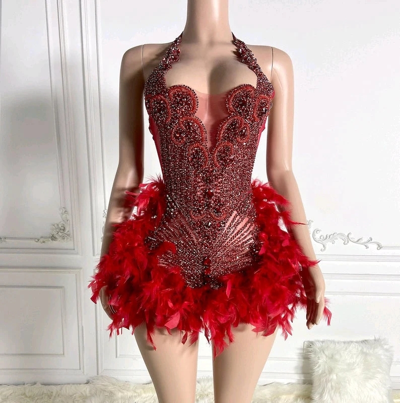 Silver Crystals Feather Short Prom Dresses For Black Girls Luxury See Through African American Cocktail Dresses Birthday Party Homecoming Gowns
